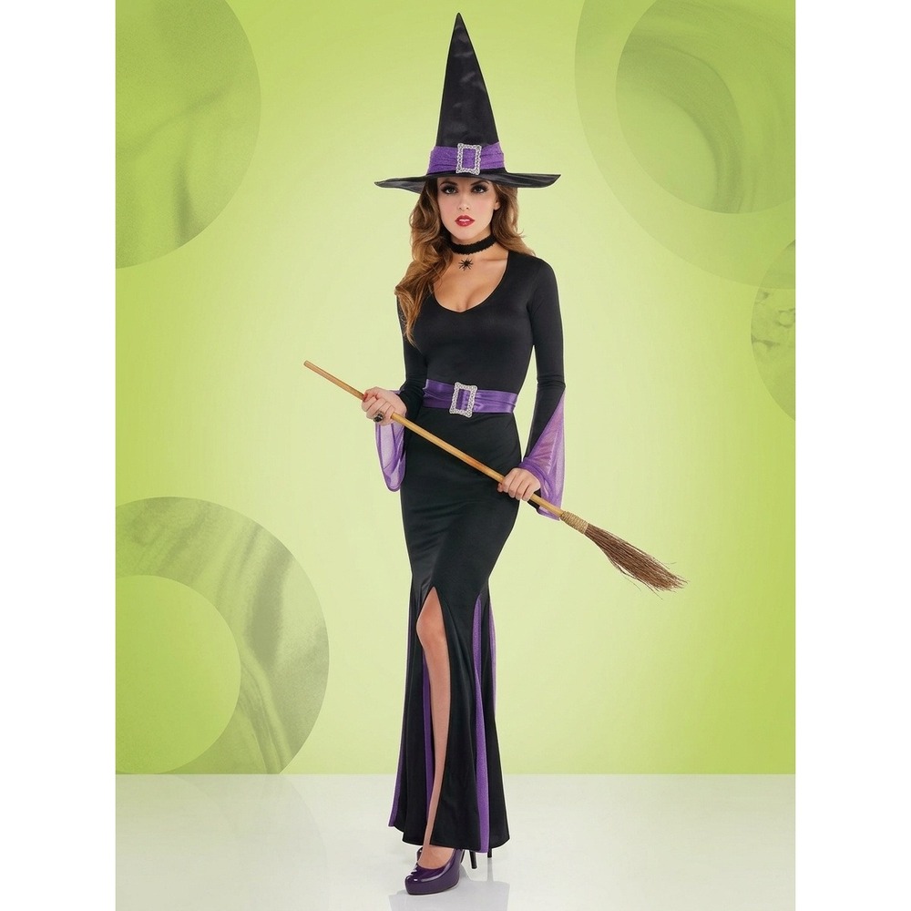Witchy Witch Bruji-Bruja Costume Women Set Adult Black Purple Dress Hat Belt L